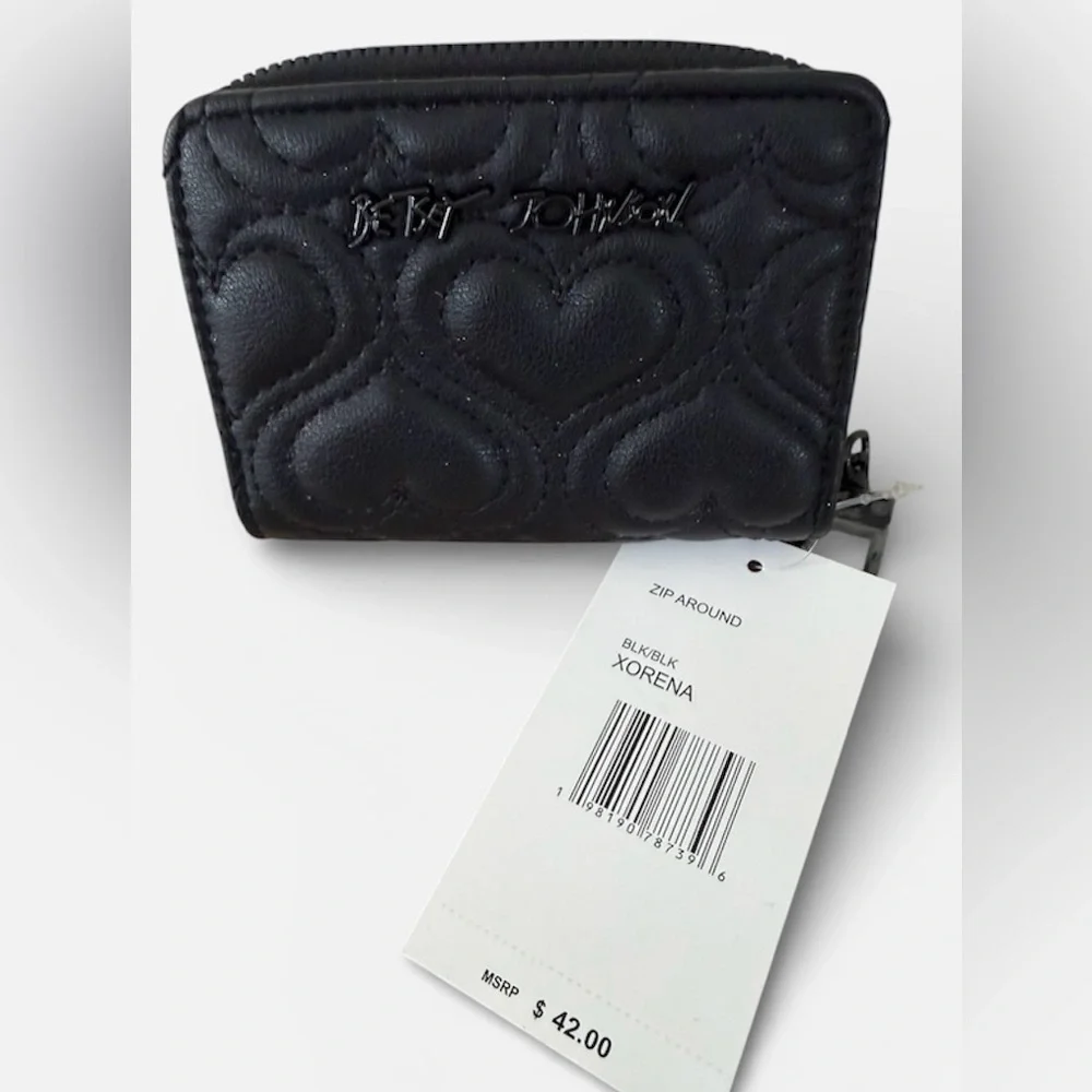 BETSEY JOHNSON BLACK QUILTED ZIP AROUND WALLET WITH 🖤 EMBELLISHMENTS - Picture 6 of 6